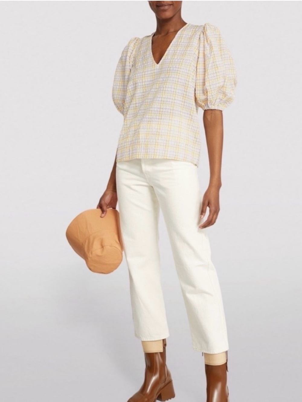 Ganni Lavender & Yellow Seersucker Plaid V-Neck Puff Sleeve Top - Picture 3 of 7